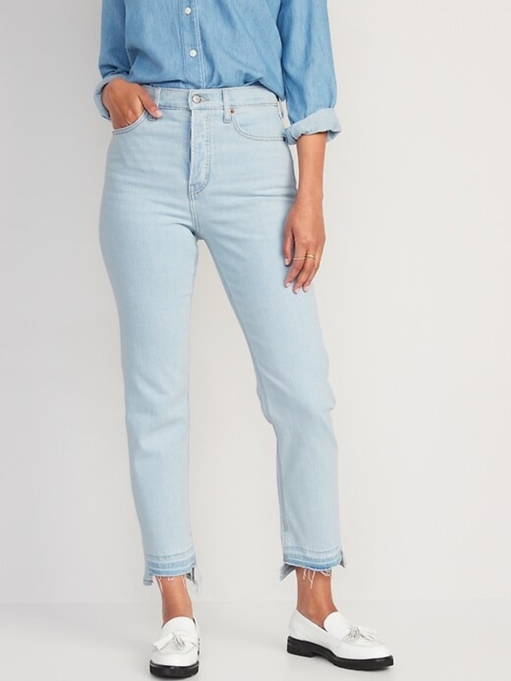 Old Navy Light Blue Extra High-Rise Sky-Hi Straight Denim Jeans Raw Hem